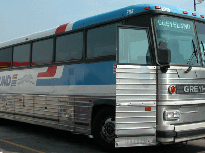 Greyhound bus in a parking lot
