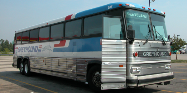 Greyhound bus in a parking lot