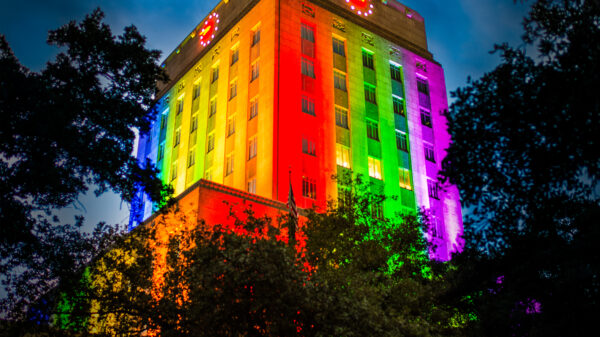 Houston City Hall lit up with rainbow colors