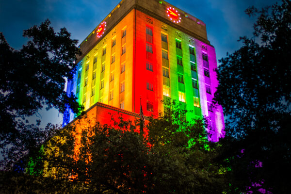 Houston City Hall lit up with rainbow colors