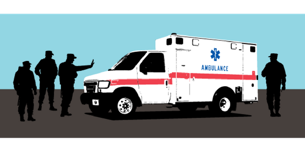 Border patrol silhouettes stopping ambulance