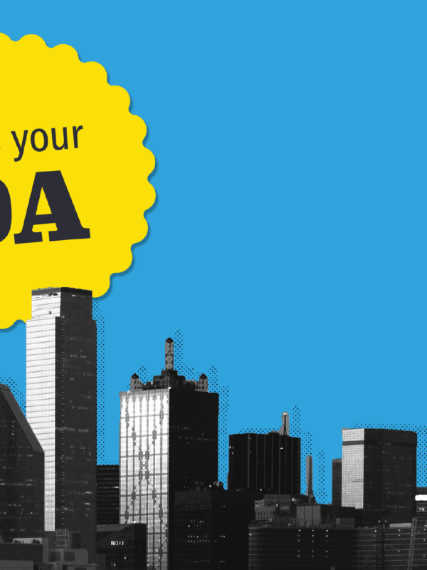 "Vote Your DA" graphic with Dallas skyline