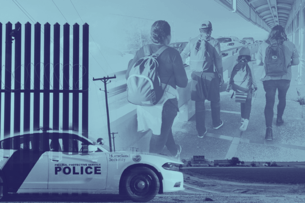 Image: Pictured is a collage of various images. A Border Patrol vehicle is parked next to a road, its side facing the viewer. Behind it is a section of the metal border wall. To the right, a family of immigrants walks on an international bridge.