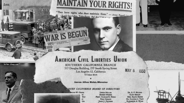 A black and white collage of news clips and Roger Baldwin, founder of the ACLU