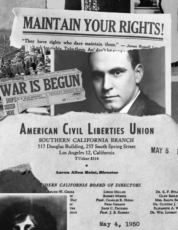 A black and white collage of news clips and Roger Baldwin, founder of the ACLU