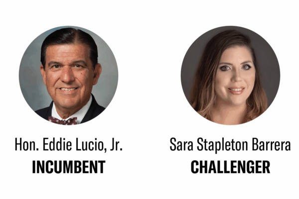 Image: Cropped photos of the candidates running for TX Senate District 27, including: Hon. Eddie Lucio Jr. and Sara Stapleton Barrera.