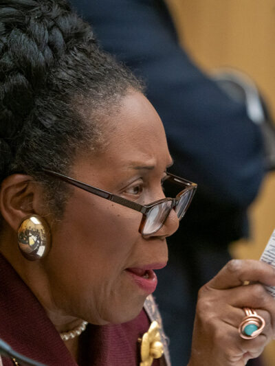 Rep. Sheila Jackson holds a pocket-size copy of The Constitution during a House committee hearing.