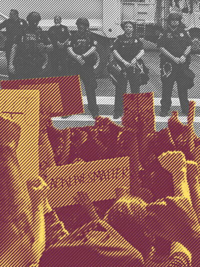 Image: A graphic shows two stylized photos collaged together. In the foreground is a crowd, fists, signs, and phones raised. In the background, police officers in riot gear stand in a line, facing the crowd.