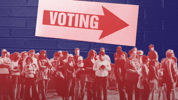Image: A graphic shows two stylized photos collaged together. In the foreground is a long line of people standing outside, many with their arms crossed or on their phones. In the background is a sign that says "Voting" on an arrow, hung on a brick wall