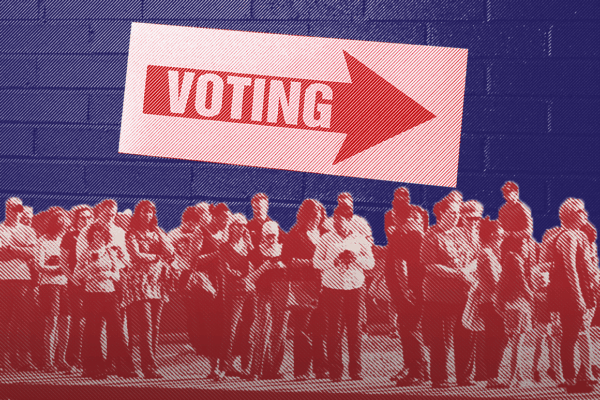 Image: A graphic shows two stylized photos collaged together. In the foreground is a long line of people standing outside, many with their arms crossed or on their phones. In the background is a sign that says "Voting" on an arrow, hung on a brick wall