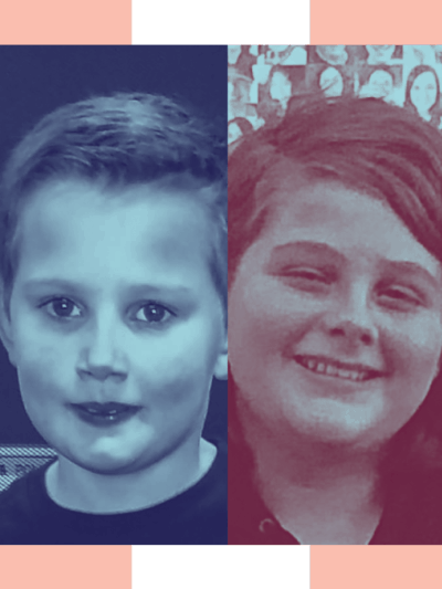 Image: A graphic shows four, stylized, and separate portraits of individual youth. Behind the portraits are multicolored bars representing the trans pride frlag