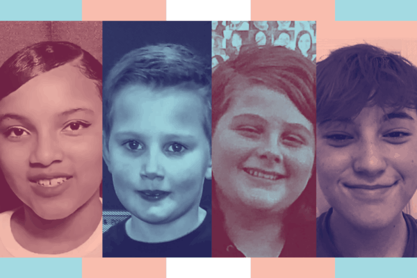 Image: A graphic shows four, stylized, and separate portraits of individual youth. Behind the portraits are multicolored bars representing the trans pride frlag