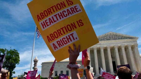 Image: A photo shows the US Supreme Courthouse in the background. Angled upwards, the camera captures the heads and arms of a large crowd of people. Directly in focus is an arm raising a sign that says "Abortion is healthcare. Abortion is a right."