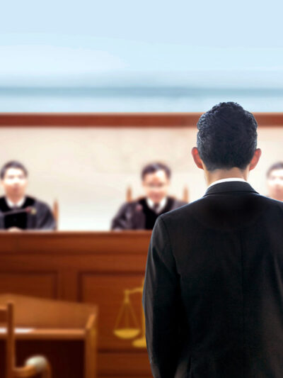 Back of lawyer talking to judges in a courtroom.