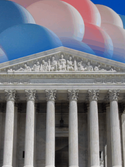 Image: A photo of the Supreme Court building is overlaid with a cluster trans pride colored-balloons.