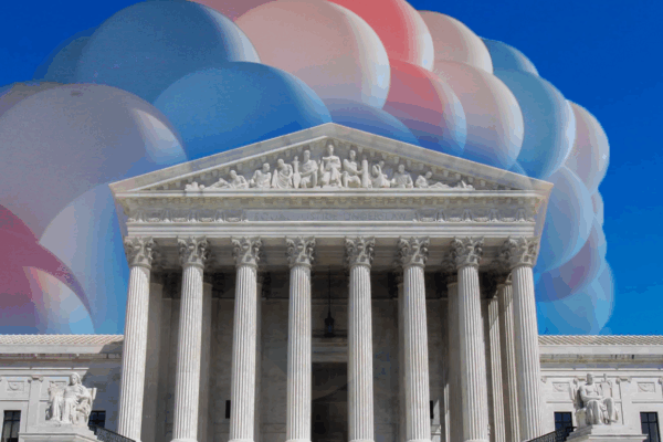 Image: A photo of the Supreme Court building is overlaid with a cluster trans pride colored-balloons.