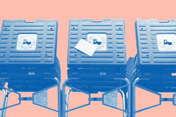 Image: A stylized photo of voting booths lined up in a row is set against a solid background.