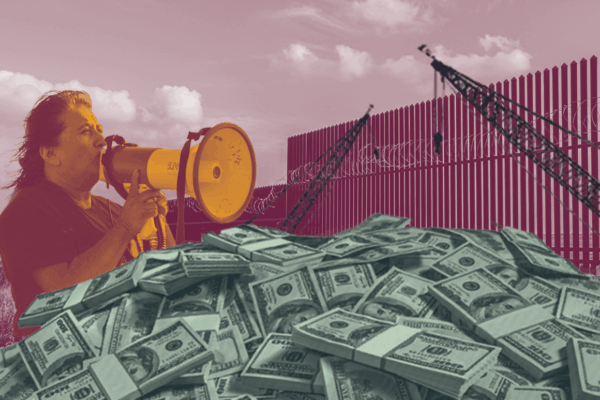 Image: Pictured is a collage of stylized images. One features a woman speaking into a megaphone. In the background is tall wall of metal slats. Cranes are visible in front of it. In the foreground is a pile of bundled US currency.