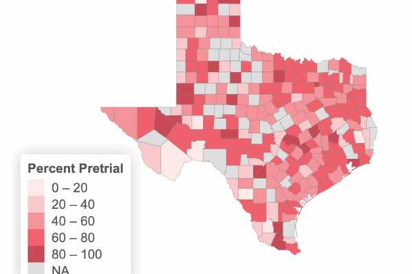 Image: Map of Texas showing counties with percent of incarcerated people held in pretrial detention