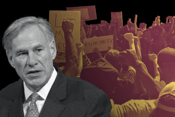 Graphic: A stylized collage of images shows Governor Abbott directing his gaze off camera. Behind him is a crowd of people holding posters and raising fists, photographed from behind.