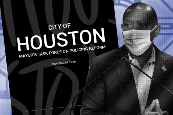 Graphic: A stylized collage of images shows Mayor Turner with a mask on speaking into a microphone. Behind him is a the City of Houston: Mayor's task Force on Policing Reform Report.
