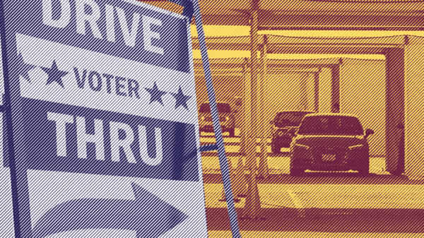 Image: A stylized collage of images shows a Drive-Thru voting sign in the foreground. I nthe background is a covered area, with cars in a queue, spaced out from each other.