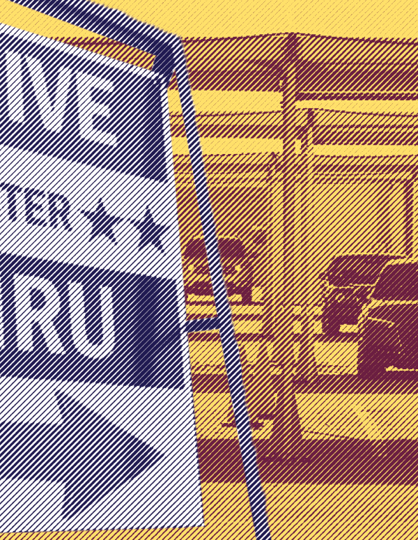 Image: A stylized collage of images shows a Drive-Thru voting sign in the foreground. I nthe background is a covered area, with cars in a queue, spaced out from each other.