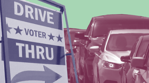Image: Two stylized image of a drive-thru voting sign and a queue of cars overlap, the sign in the foreground and the cars in the background
