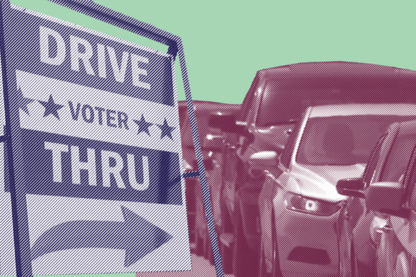 Image: Two stylized image of a drive-thru voting sign and a queue of cars overlap, the sign in the foreground and the cars in the background
