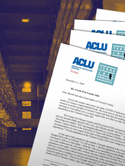 Image: A stylized phot of the interious of a prison shows two levels of cell rows. Documents showing the ACLU of Texas and Texas Jail project logo are splayed across the image.