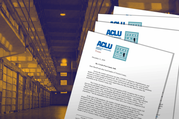 Image: A stylized phot of the interious of a prison shows two levels of cell rows. Documents showing the ACLU of Texas and Texas Jail project logo are splayed across the image.