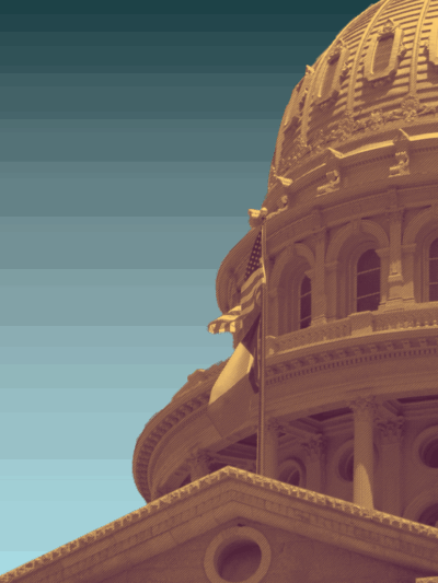 Image: A stylized image of the Texas Capitol building is juxtaposed against a gradient background