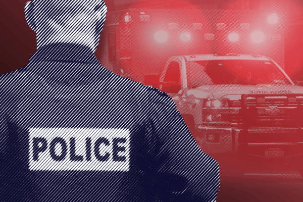 Image:  A collage of two images shows a stylized photo of a police officer with their back to the camera. Further back is an ambulance with its emergency lights on.