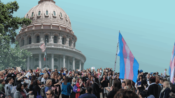 Image: A collage of images shows a crowd in front of the Texas Capitol building. Prominently emerging from the crowd is a trans pride flag.