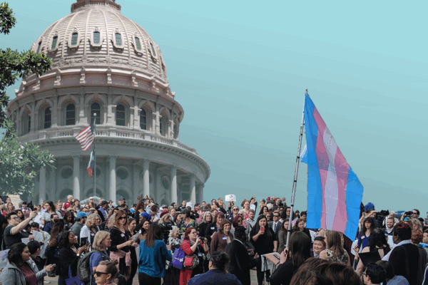 Image: A collage of images shows a crowd in front of the Texas Capitol building. Prominently emerging from the crowd is a trans pride flag.