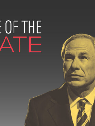 Graphic of Gov. Greg Abbott on grey background with the words: State of the State