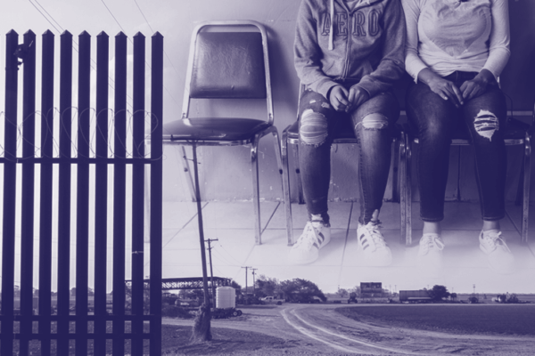 Collage image of the border wall and two asylum seekers seated and waiting