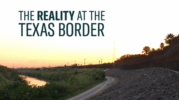 Graphic image of the Rio Grande with the words The Reality at the Texas Border