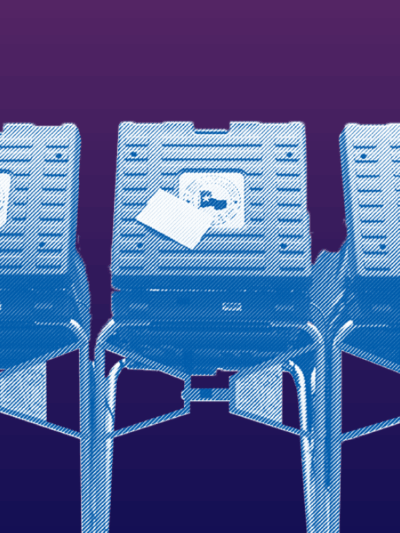 Purple and blue image of voting booths lined up