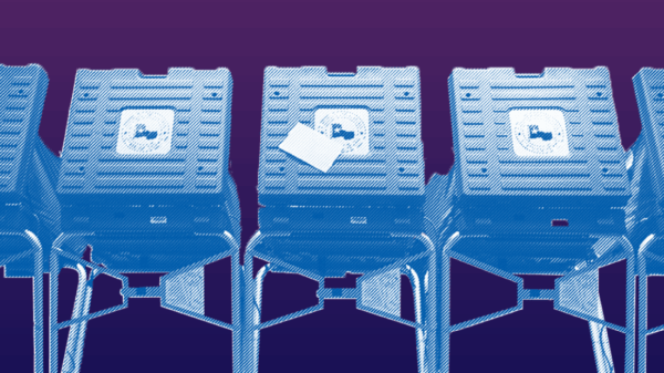 Purple and blue image of voting booths lined up