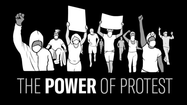 Black and white graphic of a group of peaceful protesters