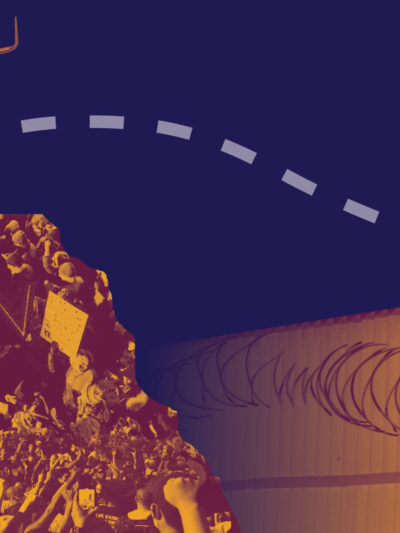 Orange and navy collage graphic featuring barbed-wired fence, a plane, and a rally in which people are holding signs that read 'no ban' and 'unite 4 people'