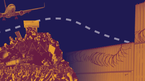 Orange and navy collage graphic featuring barbed-wired fence, a plane, and a rally in which people are holding signs that read 'no ban' and 'unite 4 people'