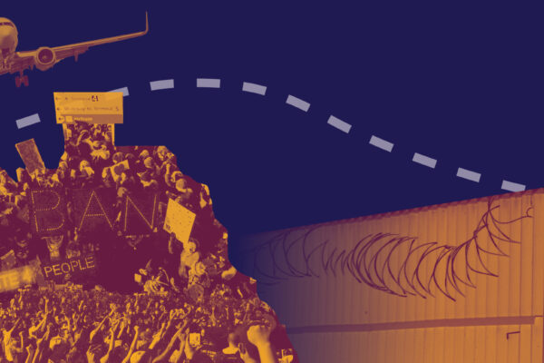 Orange and navy collage graphic featuring barbed-wired fence, a plane, and a rally in which people are holding signs that read 'no ban' and 'unite 4 people'