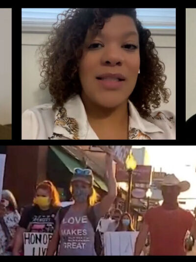 An image of PRO Gainesville community organizers and an image from the protest.