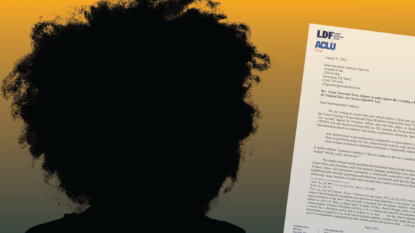 Image of a person with textured hair next to an image of the CROWN Act letter sent to schools