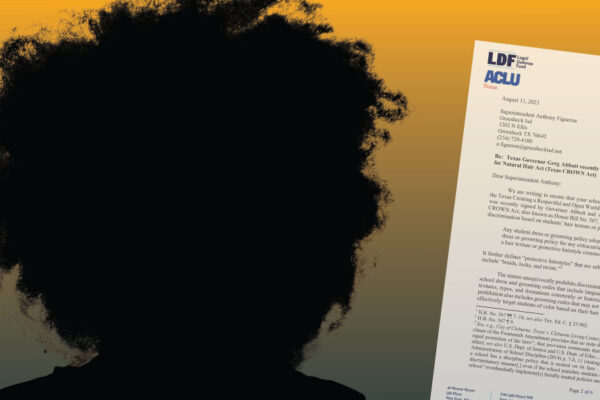 Image of a person with textured hair next to an image of the CROWN Act letter sent to schools