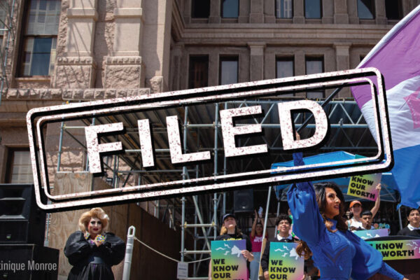 Image of LGBTQIA+ activists that says "Filed"