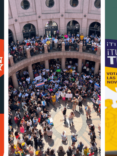 five boxes representing five different issue areas, immigrant rights, reproductive freedom, lgbtqia+ rights, voting rights, and student rights