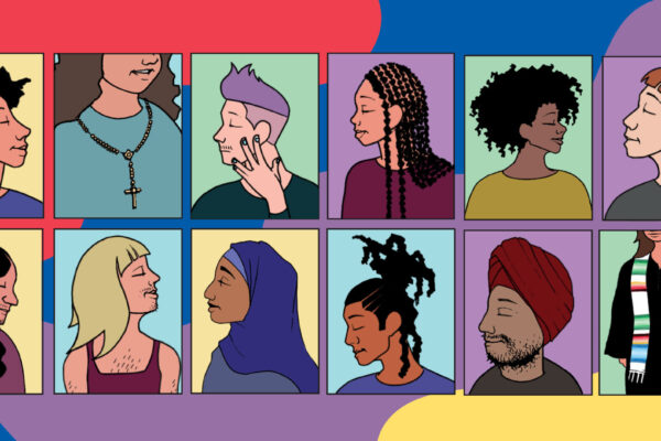 sketch image of students of various races, religious backgrounds, genders